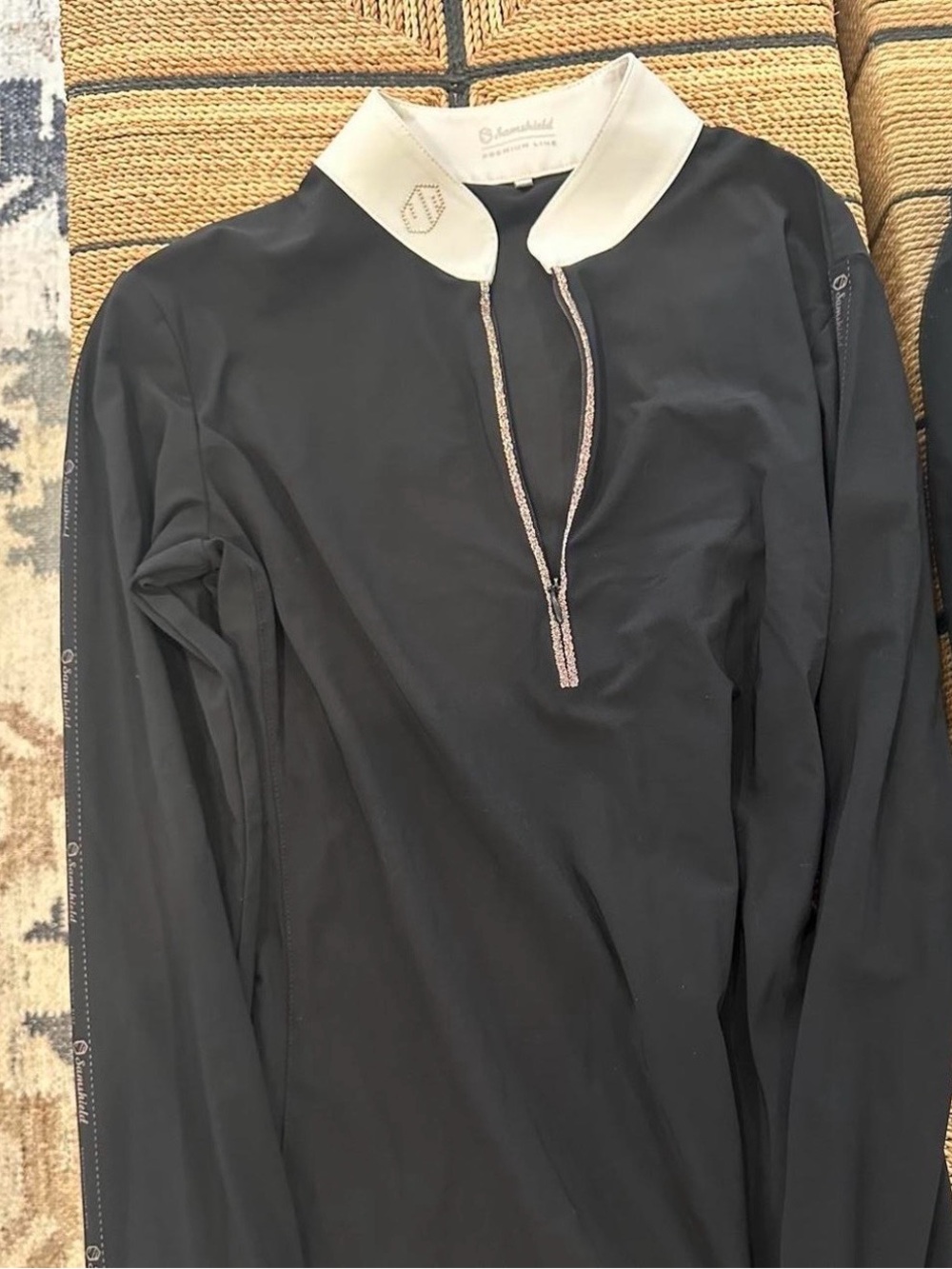 Swarovski-Style Black Top with White Peter Pan Collar and Crystal Logo